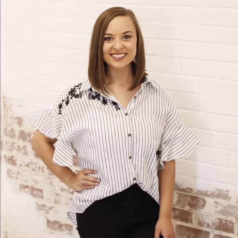 Black/White Striped and Embroidered Top
